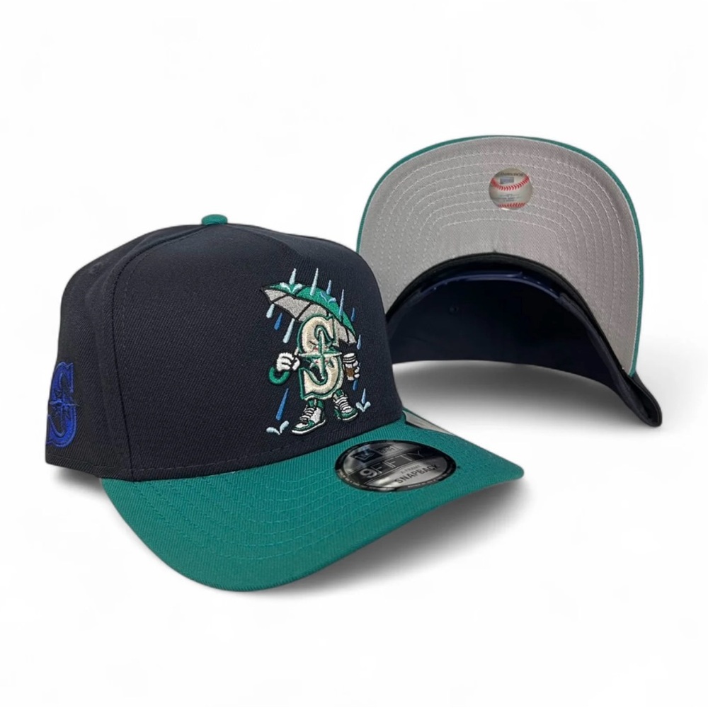 Navy Blue Seattle Mariners Teal Curved Cartoon New Era 9Fifty A- Frame Snapback - Picture 3 of 5
